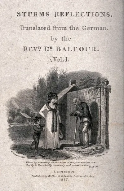 A woman and a child walk past an old man begging in the street