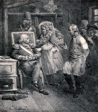 A woman and a man in dispute are brought before a man in authority: the man blames the woman for starting the dispute by calling him a drunkard, while he hides a bottle behind his back