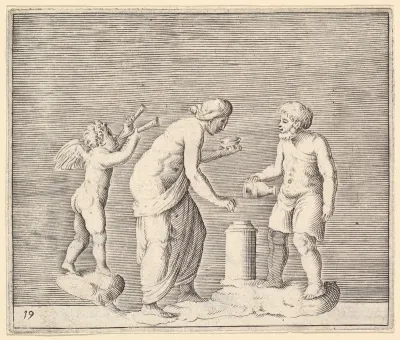A Woman and Man Sacrificing in the Presence of Cupid, from "Ex Antiquis Cameorum et Gemmae Delineata/ Liber Secundus/et ab Enea Vico Parmen Incis"