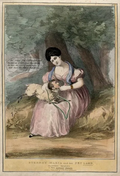 A woman as Maria holds a pet lamb in her lap; representing Caroline Norton and her relationship with William Lamb, Lord Melbourne