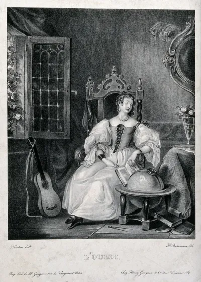 A woman asleep in an armchair: her book is slipping out of her hand, the rest of the room is in disarray; representing oblivion