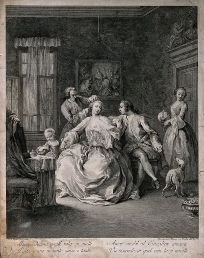 A woman at her toilet, having her hair dressed by a male assistant; a small girl holds her hand, and a man sits next to her; in the left is a female assistant who is looking at a dog