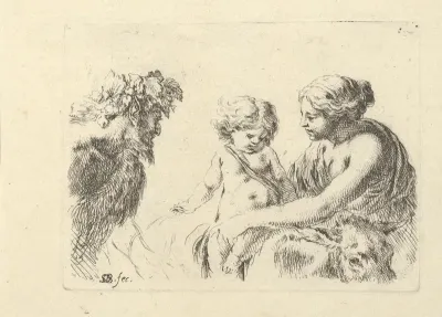 A woman at right holding her child who is sitting atop a donkey, a satyr at left looking towards the right, plate 6 from "Various figures and doodles" (Diverses figures et griffonnemens)