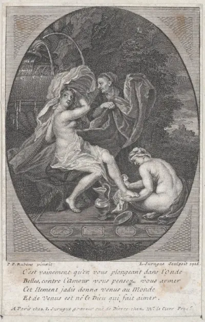 A woman at the bath, another woman washing her right foot and an old woman behind her holding her clothes
