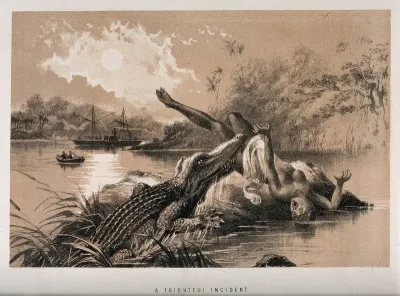A woman attacked by a crocodile emerging from the water, in central Africa