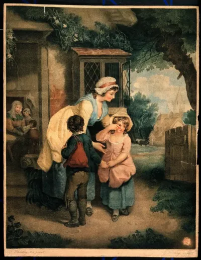 A woman bends to console a small girl who is weeping as she and a boy leave the house