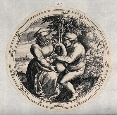 A woman blows into the blowpipe of a man's bag pipes