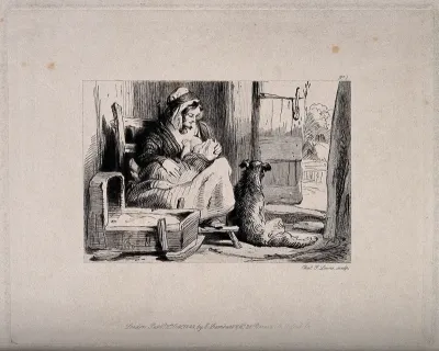 A woman breast feeding her baby, with a dog sitting next to them in a rural setting