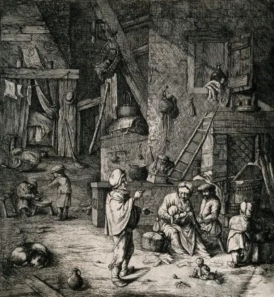 A woman breastfeeding her child among her busy family