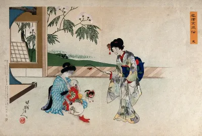 A woman breastfeeds a child, watched by another woman holding a toy