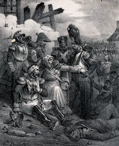 A woman camp-follower shields a wounded soldier on a battle field from the reprimands of his senior officer
