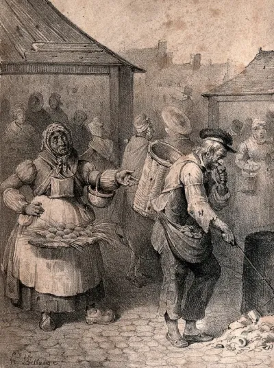 A woman carrying a basket of eggs looks at a poor old man who is working as a chiffonnier and picking up rubbish with a stick: she exclaims that they were once lovers