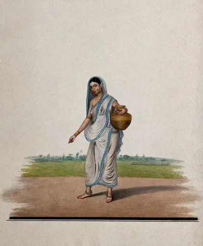 A woman carrying a brass utensil