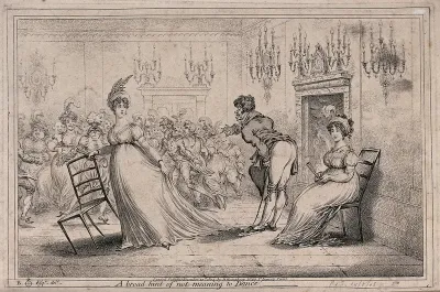 A woman carrying a chair sweeps away from a young man who has approached her, indicating her refusal to dance with him; another young woman is sitting on a chair behind him
