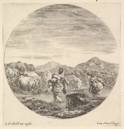A woman carrying a child in center, seen from behind, another woman to right, facing left, following a group of cows across a river, from "Six Animal Subjects" (Six Sujets d'Animaux)
