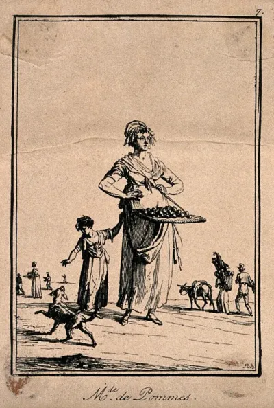 A woman carrying a tray of apples which she has for sale, accompanied by a child who is playing with a dog
