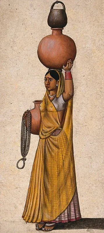 A woman carrying two earthenware pots to transport water and a rope and a black pot to draw water from the well