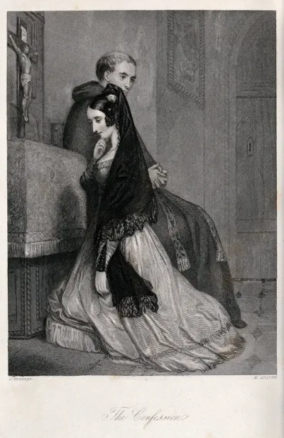 A woman confessing to a priest