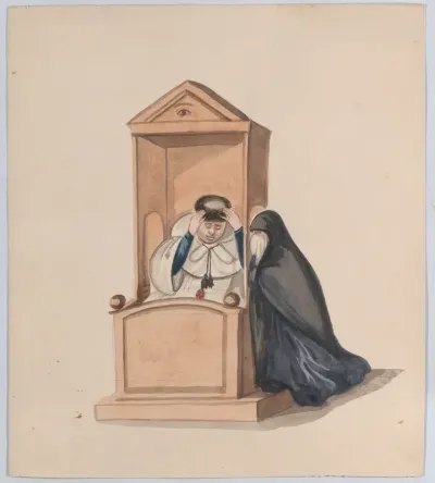 A woman confessing to a priest, from a group of drawings depicting Peruvian dress