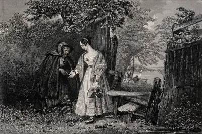 A woman consulting a fortune-teller by a stile