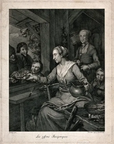 A woman cooking pancakes is passing food on a plate through the window to people outside: one of them counts out his coins
