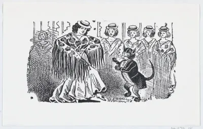 A woman dancing with a cat in a suit