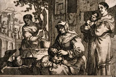 A woman delouses a child and another woman waits with her child