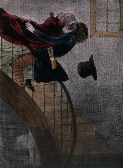 A woman descending the stairs of a steep staircase in the gloom falls into the arms of a man who is ascending