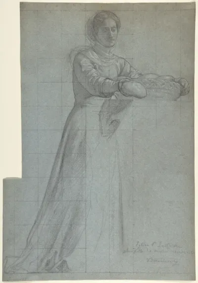 A Woman Distributing Bread from a Basket: Study for "Feed the Hungry," in the Chapel of the Seven Corporal Works of Mercy (Les Oeuvres de Miséricorde), Church of Saint-Eustache, Paris