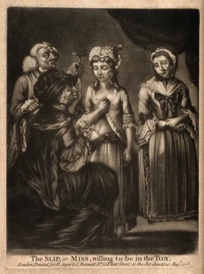 A woman doctor, perhaps a midwife, diagnosing pregnancy in a young woman: her dismayed parents are in the background
