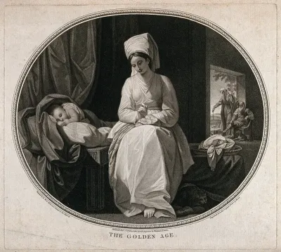A woman doing her needlework next to a sleeping infant with an elderly couple in the background feeding chickens and resting, while a farmer is tilling the soil in the far distance; representing the Golden Age