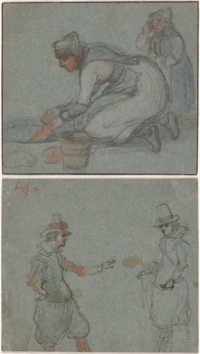 A Woman Doing Laundry in an Ice Hole (recto); Two Gentlemen (verso)