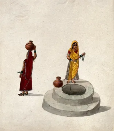 A woman drawing water from a well