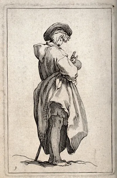 A woman dressed in rags, possibly a beggar, standing barefoot on the ground, with her skirt hitched up, holding a staff and a drinking vessel