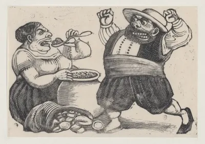 A woman eating and a man facing her with an angry expression and raised fists, from a broadside entitled 'Loa dicha por Sancho Panza y Doña Cenobia en honor de la Pureza de Maria Santisima'