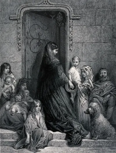 A woman entering a doorway holds her hand out with money in it to the family gathered on the doorstep
