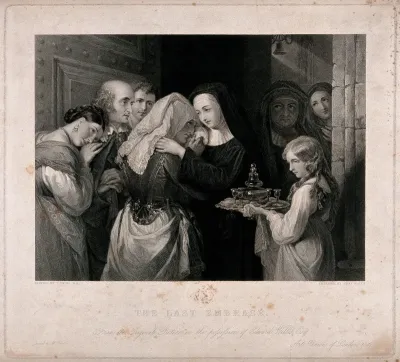 A woman entering a nunnery as a novice and saying goodbye to her family