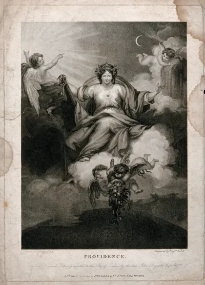 A woman enthroned on clouds is holding a rudder and keys, she is surrounded by four angels, two of which are holding a cornucopia; representing Providence