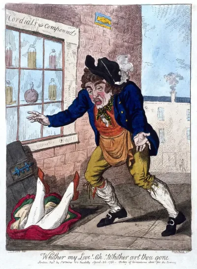 A woman falling headfirst through an open cellar-door outside a pharmacy, and a man expressing his concern