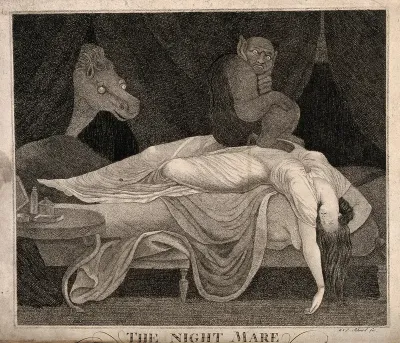 A woman fast asleep with her head hanging down, a devil is sitting on her stomach and a horse peeps through a curtain; representing her nightmare