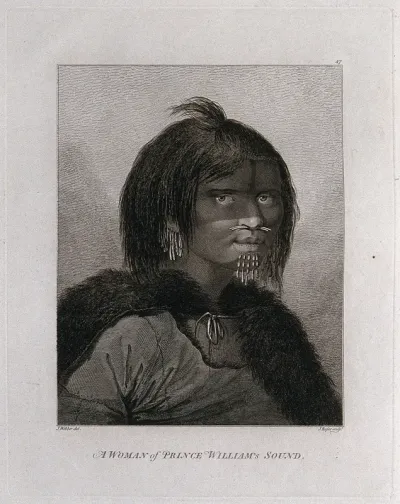 A woman from Prince William Sound, Alaska, head and shoulders; encountered by Captain Cook on his third voyage (1777-1780)