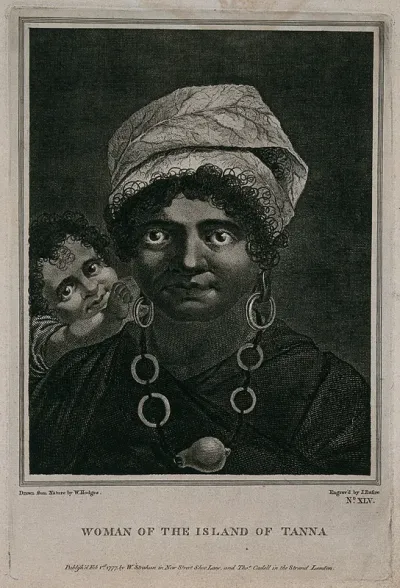 A woman from the island of Tanna, with her baby, encountered by Cook on his second voyage, 1772-1775
