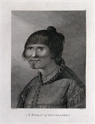 A woman from Unalaska, Alaska, head and shoulders; encountered by Captain Cook on his third voyage (1777-1780)