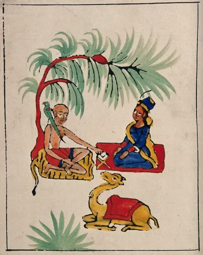 A woman getting advice from a hermit sitting under a tree