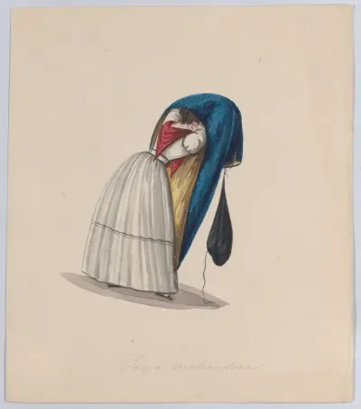 A woman getting into her saya viewed from behind, from a group of drawings depicting Peruvian dress