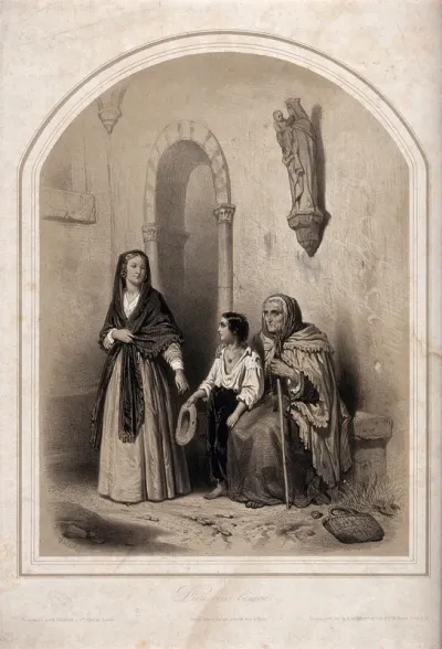 A woman giving money to beggars at the entrance to a church or convent