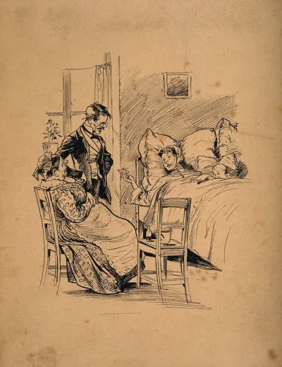A woman handing a note to her physician after giving birth, the midwife is seated near her