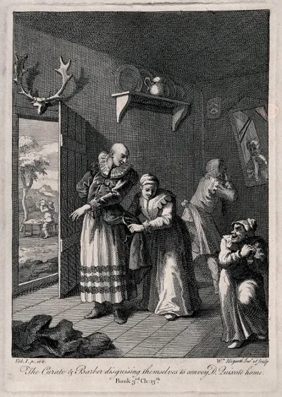 A woman helps to adjust a dress worn by the curate as the barber examines his reflection in a mirror with a beard, in a room furnished with a set of antlers over the door