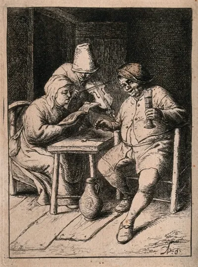 A woman holding a songbook (left) and a man holding a glass (right) are singing to the accompaniment of a man playing the violin