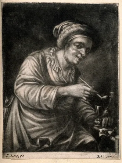 A woman holding a tobacco pipe and a drinking glass